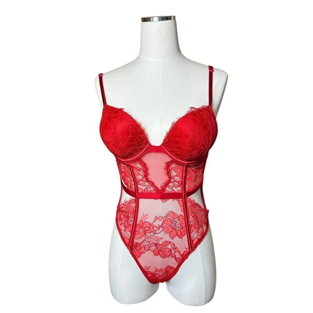 Victoria's Secret Red Bombshell Lace Teddy Lingerie Sexy Push Up Size Small NWT